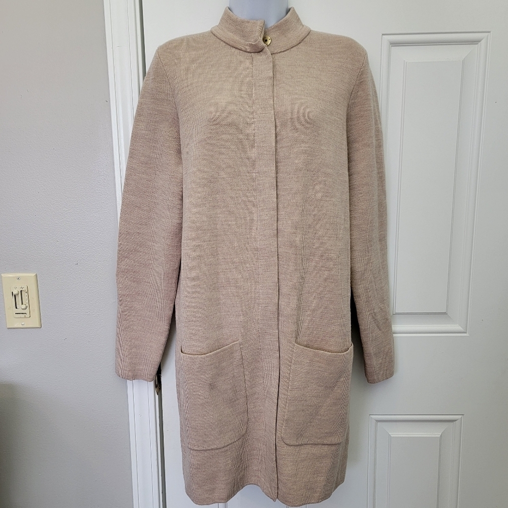 J Mclaughlin NWOT Marled Beige Wool Blend Long Snap Front Cardigan Pockets Med